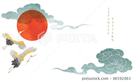 Natural background with Japanese pattern vector. Hand drawn crane birds and cloud elements template with watercolor texture. Abstract arts wallpaper in vintage style. Natural background with Japanese pattern vector. Hand drawn crane birds and cloud elements template with watercolor texture. Abstract arts wallpaper in vintage style. 86592863