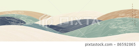 Japanese background with hand drawn wave vector. Abstract art template with line pattern. Mountain forest template design in oriental style. Japanese background with hand drawn wave vector. Abstract art template with line pattern. Mountain forest template design in oriental style. 86592865