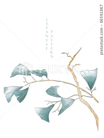 Art natural with branch of ginkgo leaves element. Japanese background with watercolor texture vector. Branch with leaves decoration in vintage style. Art natural with branch of ginkgo leaves element. Japanese background with watercolor texture vector. Branch with leaves decoration in vintage style. 86592867