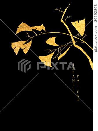 Japanese black background with ginkgo leaves gold texture vector. Painting brush decoration with hand drawn branch of leaves elements in vintage style. Japanese black background with ginkgo leaves gold texture vector. Painting brush decoration with hand drawn branch of leaves elements in vintage style. 86592868