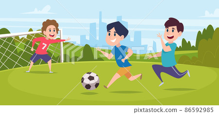 Boys playing football. Running outdoor kids with football ball on grass exact vector cartoon background 86592985