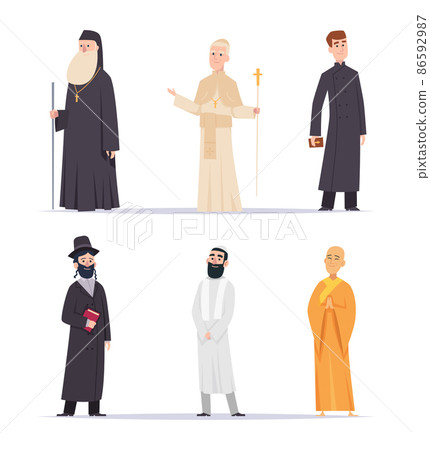 Religion leader. Hindus christianity characters arabic persons monk priest guru exact vector flat people in cartoon style Religion leader. Hindus christianity characters arabic persons monk priest guru exact vector flat people in cartoon style 86592987
