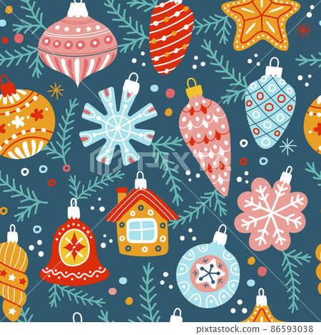 Xmas pattern. Gifts backgrounds with christmas decorative ornamental toys round balls and bells holiday textures recent vector seamless design for textile projects Xmas pattern. Gifts backgrounds with christmas decorative ornamental toys round balls and bells holiday textures recent vector seamless design for textile projects 86593038