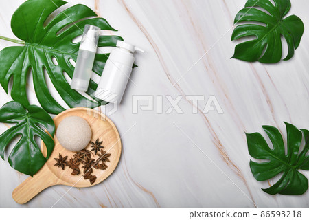 Natural skincare beauty product, Cosmetic bottle containers packaging with green nature leaves 86593218