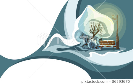 Vector image of a winter landscape. A tree with a bench under a luminous lantern. Ecological Stop for the passer-by. Stylization. EPS 10 86593670