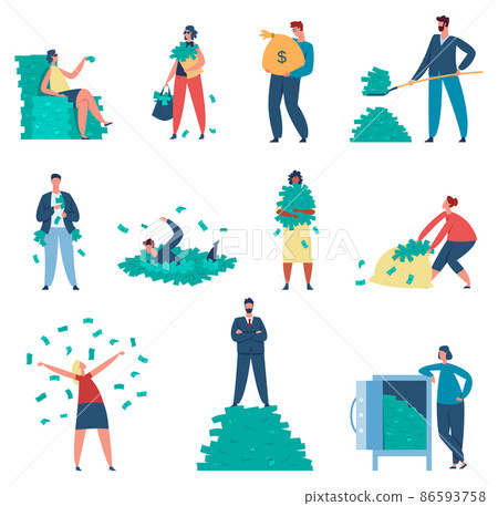 Rich people. Female and male characters with money sacks and safe. Man holding sack, shovel full of banknotes Rich people. Female and male characters with money sacks and safe. Man holding sack, shovel full of banknotes 86593758