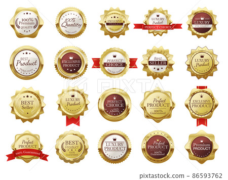 Premium quality emblems. Luxury exclusive product seal label for retail shop. Best seller golden medal 86593762