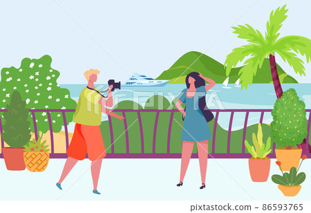 Photographer photographing model. Man taking photo of girl posing near sea. Cartoon woman having rest on seaside Photographer photographing model. Man taking photo of girl posing near sea. Cartoon woman having rest on seaside 86593765