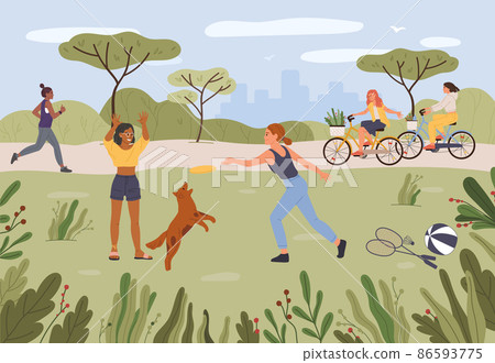People relaxing in park. Girls playing frisbee with dog pet. Female friends riding bicycle with baskets People relaxing in park. Girls playing frisbee with dog pet. Female friends riding bicycle with baskets 86593775