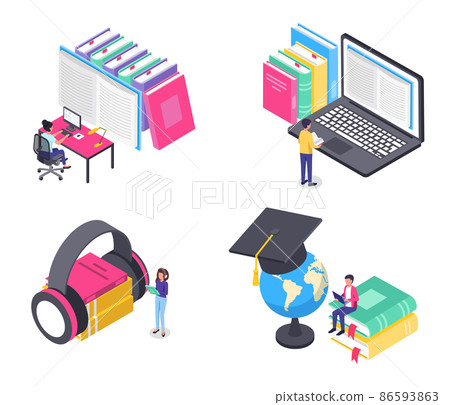 Isometric online education. Students studying at electronic library, reading books on computers and laptop Isometric online education. Students studying at electronic library, reading books on computers and laptop 86593863