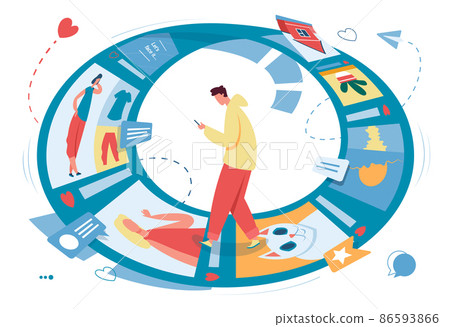Internet or social media addiction. Male character using smartphone, scrolling photos. Endless feeds with posts 86593866
