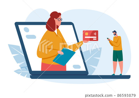 Finance and credit online banking concept. Assistant giving credit card to client from laptop screen Finance and credit online banking concept. Assistant giving credit card to client from laptop screen 86593879
