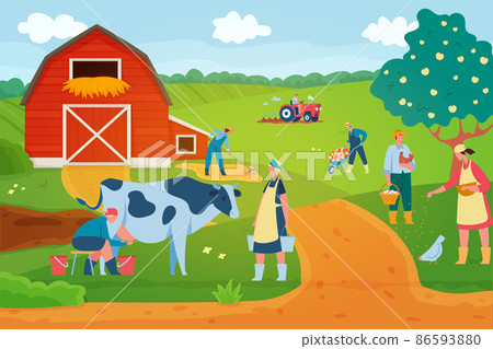 Farmers at work, characters feeding hens and collecting eggs. Women milking cow and carrying buckets 86593880