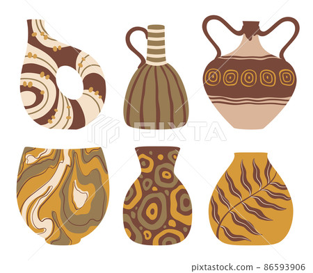 Ceramic vases with abstract and plant design. Crockery with handles, ancient vessels. Antique ethnic jug or pot 86593906