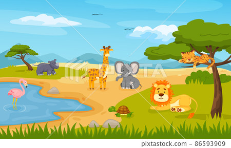 Cartoon wild animals in savannah. Outdoor environment, safari wildlife with pond for cute flamingo, giraffe, rhino Cartoon wild animals in savannah. Outdoor environment, safari wildlife with pond for cute flamingo, giraffe, rhino 86593909