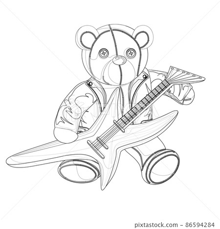 Vector image of a soft toy bear depicted alive with a hint of humanity with an electric guitar in a leather jacket. Concept. EPS 10 86594284