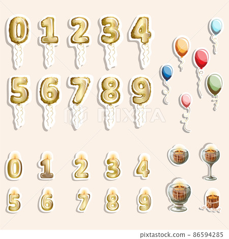 Vector image of holiday stickers with balloons and candles. Cartoon style. EPS 10 86594285