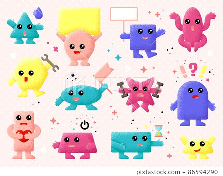 Geometric comic characters. Polygonal figure, geometry shapes with faces. Cute abstract creature, business or kids education swanky vector kit Geometric comic characters. Polygonal figure, geometry shapes with faces. Cute abstract creature, business or kids education swanky vector kit 86594290