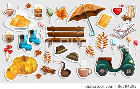 Vector image of stickers with items symbolizing autumn and food related to the autumn season. Cartoon style. EPS 10 Vector image of stickers with items symbolizing autumn and food related to the autumn season. Cartoon style. EPS 10 86594292