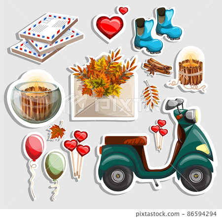 Vector image of stickers with elements symbolizing autumn, objects of memories and pleasant emotions associated with this season. Cartoon style. EPS 10 Vector image of stickers with elements symbolizing autumn, objects of memories and pleasant emotions associated with this season. Cartoon style. EPS 10 86594294