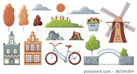 Landscape elements. Rural nature objects, textured bridge and house. City bike, tulips flower bouquet, tree and green hills with wooden fence, swanky vector set Landscape elements. Rural nature objects, textured bridge and house. City bike, tulips flower bouquet, tree and green hills with wooden fence, swanky vector set 86594304