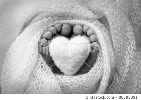 The tiny foot of a newborn baby. Soft feet of a new born in a wool blanket. Close up of toes, heels and feet of a newborn. Knitted heart in the legs of baby. Macro photography. Black and white.  86595081