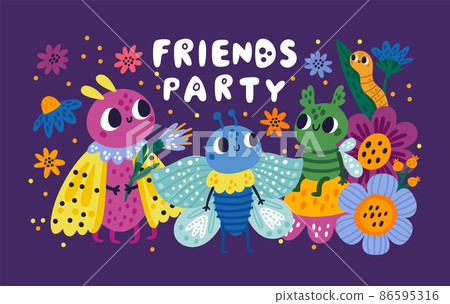 Funny bug poster. Colorful insects team with spring flowers. Nocturnal moths and earthworm. Caterpillar or butterfly. Animal characters with happy faces. Friends party. Vector concept Funny bug poster. Colorful insects team with spring flowers. Nocturnal moths and earthworm. Caterpillar or butterfly. Animal characters with happy faces. Friends party. Vector concept 86595316