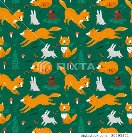 Cute foxes and bunnies seamless pattern. Kids print with funny animals. Red forest dwellers. Scandinavian nature. Baby wallpaper. Cartoon woodland vixens and hares. Vector green background 86595331