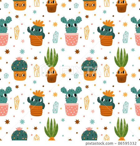 Cute cactus seamless pattern. Cartoon print with kawaii cacti in flower pots. Kids floral theme. Happy houseplants. Succulents and bulbous plants with pretty muzzles. Vector background 86595332