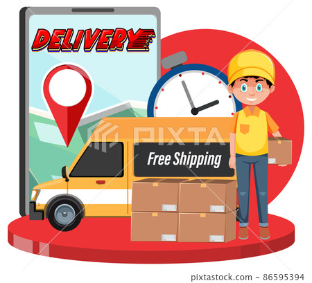 Courier delivering packages with location pin on smartphone Courier delivering packages with location pin on smartphone 86595394
