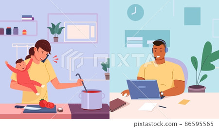 Woman calling operator. Housewife talking to customer support, mother and client centered telemarketing, vector illustration Woman calling operator. Housewife talking to customer support, mother and client centered telemarketing, vector illustration 86595565