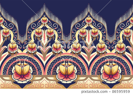 Pink Yellow Brown Flower on Navy Blue. Geometric ethnic oriental pattern traditional Design for background,carpet,wallpaper,clothing,wrapping,Batik,fabric, vector illustration embroidery style 86595959