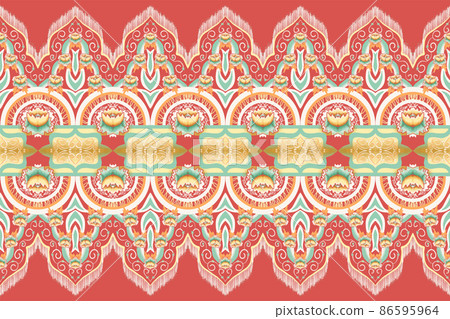 Yellow, Green, Orange Flower on Red. Geometric ethnic oriental pattern traditional Design for background,carpet,wallpaper,clothing,wrapping,Batik,fabric, vector illustration embroidery style 86595964