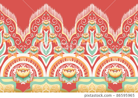 Yellow, Green, Orange Flower on Red. Geometric ethnic oriental pattern traditional Design for background,carpet,wallpaper,clothing,wrapping,Batik,fabric, vector illustration embroidery style Yellow, Green, Orange Flower on Red. Geometric ethnic oriental pattern traditional Design for background,carpet,wallpaper,clothing,wrapping,Batik,fabric, vector illustration embroidery style 86595965