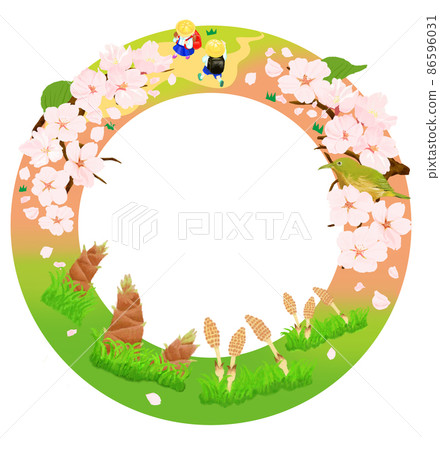 April frame material with motifs such as first graders, cherry blossoms, bamboo shoots, and horsetails 86596031