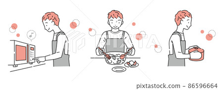 A set of men doing household chores in the kitchen (a microwave oven, a bowl, and a pot) 86596664
