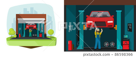 Car garage service shop for vehicle vector or automobile repair maintenance diagnostics workshop with mechanic man person working and checking auto flat cartoon illustration 86598366