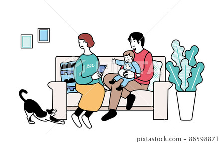 Illustration of a family sitting on the sofa Illustration of a woman holding a smartphone Illustration of a family sitting on the sofa Illustration of a woman holding a smartphone 86598871