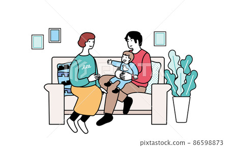 Illustration of a baby sitting on the sofa and the smiling face of the family 86598873