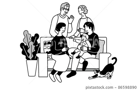 Monochrome illustration of a baby sitting on the sofa and the smiling face of his family Monochrome illustration of a baby sitting on the sofa and the smiling face of his family 86598890