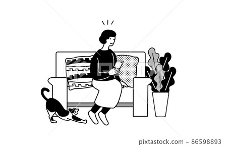 一個女人坐在沙發上拿著智能手機的插圖 一個女人坐在沙發上拿著智能手機的插圖 86598893
