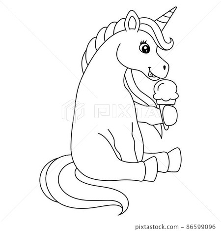 Unicorn Eating Ice Cream Coloring Page Isolated  Unicorn Eating Ice Cream Coloring Page Isolated  86599096