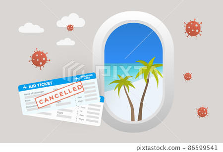 Coronavirus Flight Cancellation concept. Air ticket cancellation and stopping vacation, traveling around the world. Covid-19 coronavirus quarantine travel concept illustration Coronavirus Flight Cancellation concept. Air ticket cancellation and stopping vacation, traveling around the world. Covid-19 coronavirus quarantine travel concept illustration 86599541
