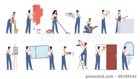 People making renovation. Workers in overalls, men and women carry out repair work, interior wall painting, installing doors and windows, electrical and plumbing replacement, vector set People making renovation. Workers in overalls, men and women carry out repair work, interior wall painting, installing doors and windows, electrical and plumbing replacement, vector set 86599542