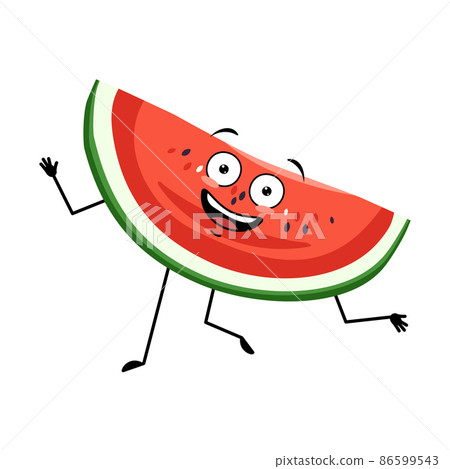Watermelon character with crazy happy emotion, joyful face, smile eyes, dancing arms and legs. Person with happy expression, fruit or berry emoticon. Vector flat illustration 86599543