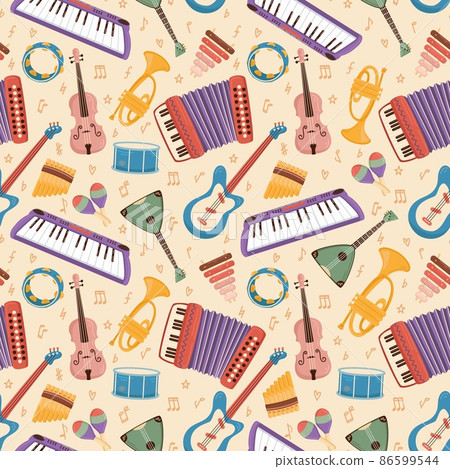 Musical instruments seamless pattern. Cartoon orchestra accessories, funny accordion, guitar, electro piano and maracas on beige background. Decor textile, wrapping paper, vector print Musical instruments seamless pattern. Cartoon orchestra accessories, funny accordion, guitar, electro piano and maracas on beige background. Decor textile, wrapping paper, vector print 86599544