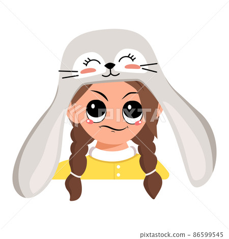 Girl with big eyes and emotions of suspicious, displeased face in rabbit hat with long ears. Child with annoyed expression for Easter, New Year or carnival costume for party. Vector flat illustration 86599545