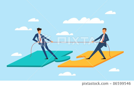 Merger, people cooperation and collaboration. Businessmen connect huge puzzles, plays play tug of war game. Support and unity. Vector cartoon flat isolated teamwork business concept 86599546