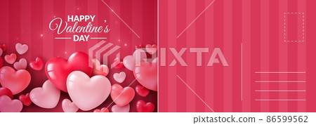 Happy Valentines day card. Romantic postcard with 3d hearts on pink background. Valentine letter template, modern glamour design, invitation and greeting, vector illustration Happy Valentines day card. Romantic postcard with 3d hearts on pink background. Valentine letter template, modern glamour design, invitation and greeting, vector illustration 86599562