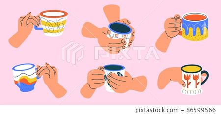 Hands hold cups. Colorful patterned pottery mugs, different designs ceramic products, trendy bright colors, decorative hot drinks containers, tea or coffee time vector cartoon isolated set Hands hold cups. Colorful patterned pottery mugs, different designs ceramic products, trendy bright colors, decorative hot drinks containers, tea or coffee time vector cartoon isolated set 86599566
